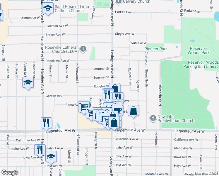 map of restaurants, bars, coffee shops, grocery stores, and more near 1847 Lexington Avenue North in Roseville