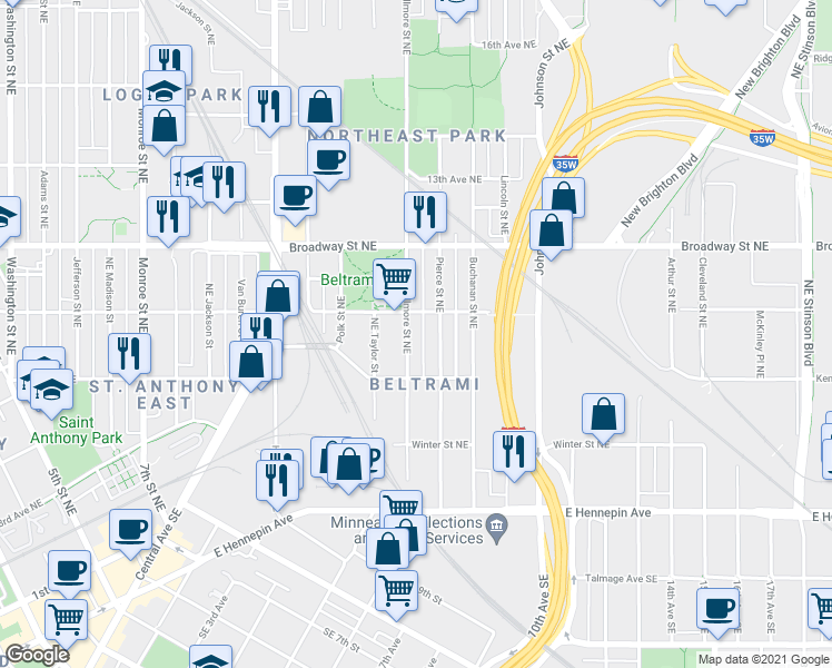 map of restaurants, bars, coffee shops, grocery stores, and more near 702 Pierce Street Northeast in Minneapolis