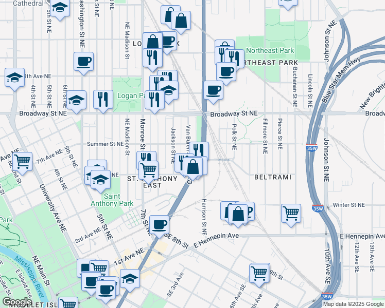 map of restaurants, bars, coffee shops, grocery stores, and more near 843 Summer Street Northeast in Minneapolis