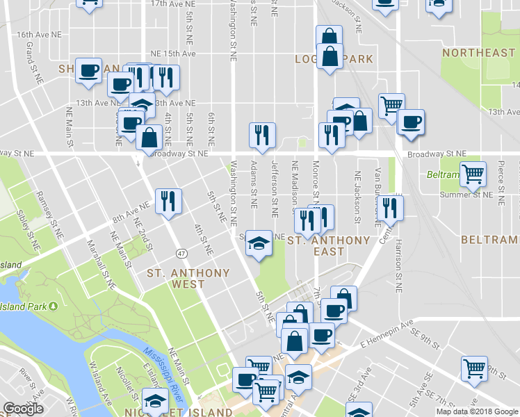 map of restaurants, bars, coffee shops, grocery stores, and more near 637 Summer Street Northeast in Minneapolis