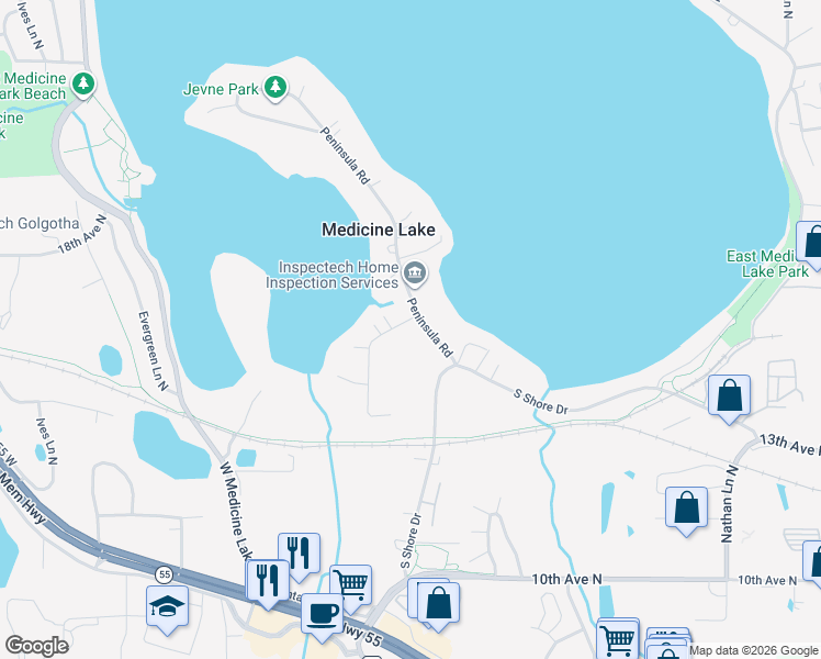 map of restaurants, bars, coffee shops, grocery stores, and more near 125 Peninsula Road in Minneapolis
