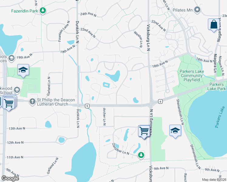 map of restaurants, bars, coffee shops, grocery stores, and more near 1605 Yuma Lane North in Plymouth