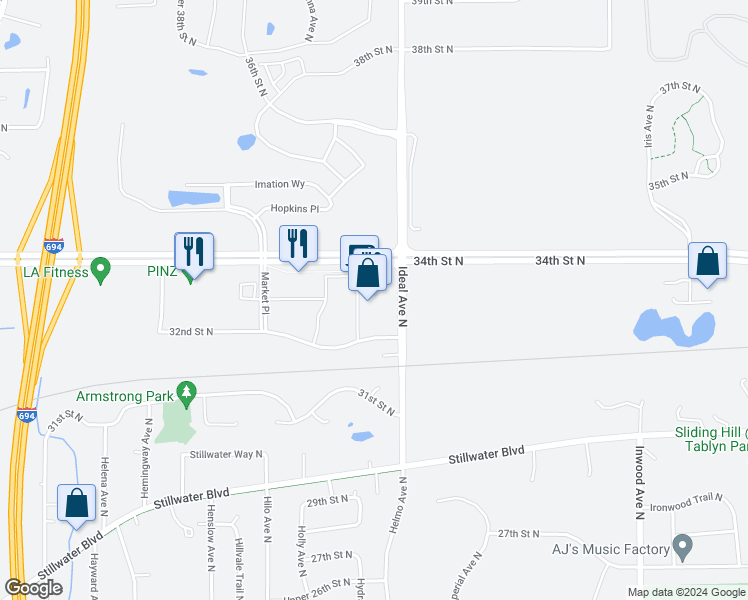 map of restaurants, bars, coffee shops, grocery stores, and more near 7900 32nd Street North in Oakdale