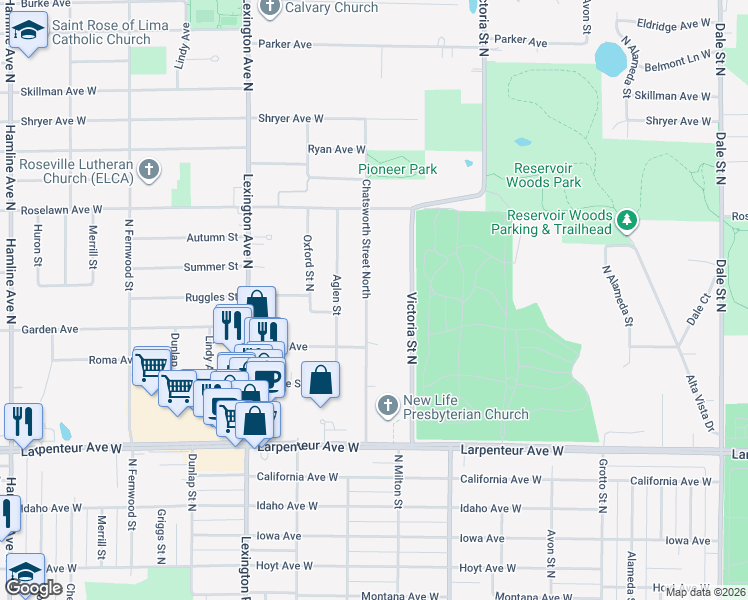 map of restaurants, bars, coffee shops, grocery stores, and more near 1846 North Chatsworth Street in Roseville