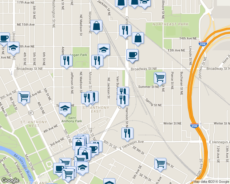map of restaurants, bars, coffee shops, grocery stores, and more near 843 Summer Street Northeast in Minneapolis