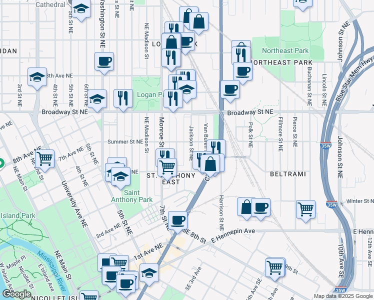 map of restaurants, bars, coffee shops, grocery stores, and more near 809 Summer Street Northeast in Minneapolis