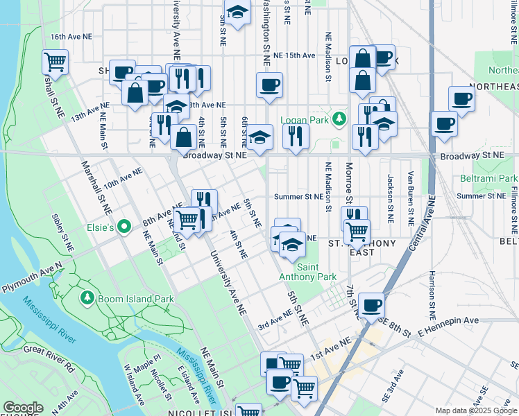 map of restaurants, bars, coffee shops, grocery stores, and more near 515 Summer Street Northeast in Minneapolis