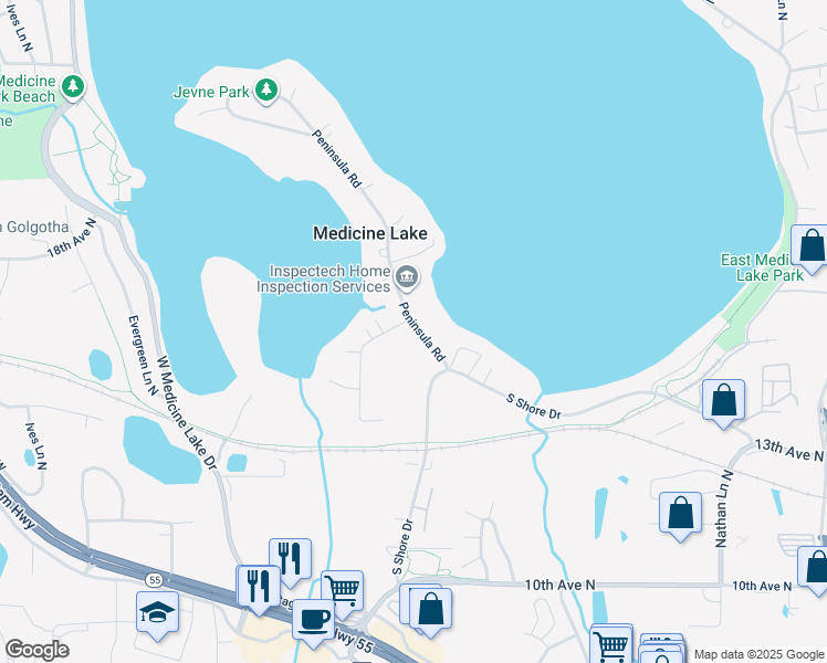 map of restaurants, bars, coffee shops, grocery stores, and more near 118 Peninsula Road in Minneapolis
