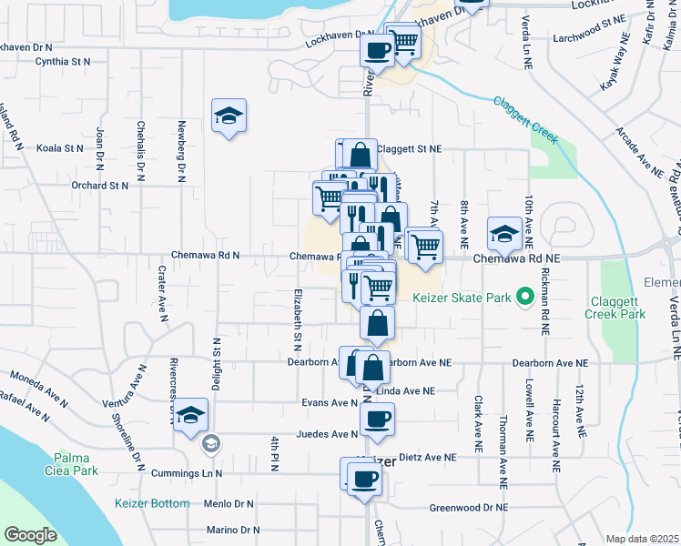 map of restaurants, bars, coffee shops, grocery stores, and more near in Keizer