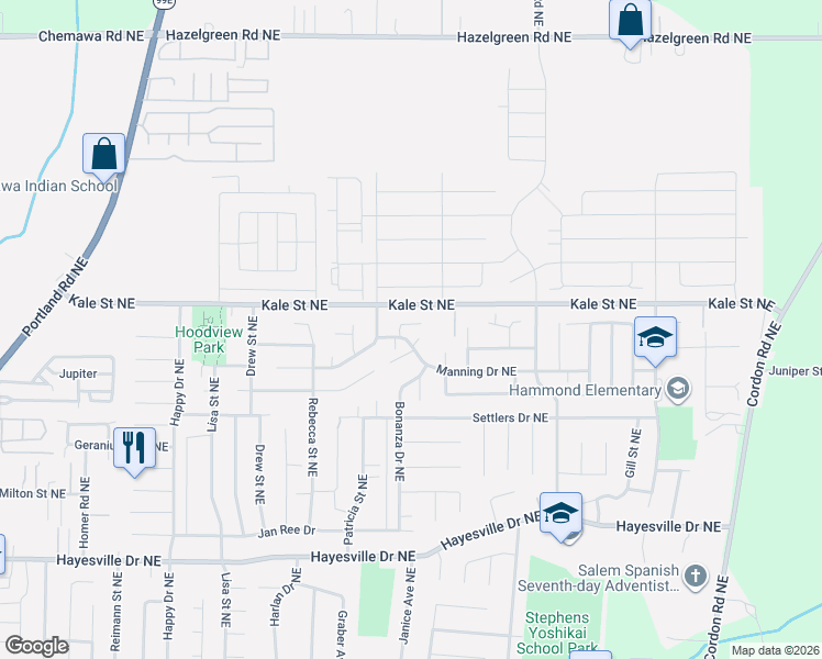 map of restaurants, bars, coffee shops, grocery stores, and more near 4973 Manning Court Northeast in Salem