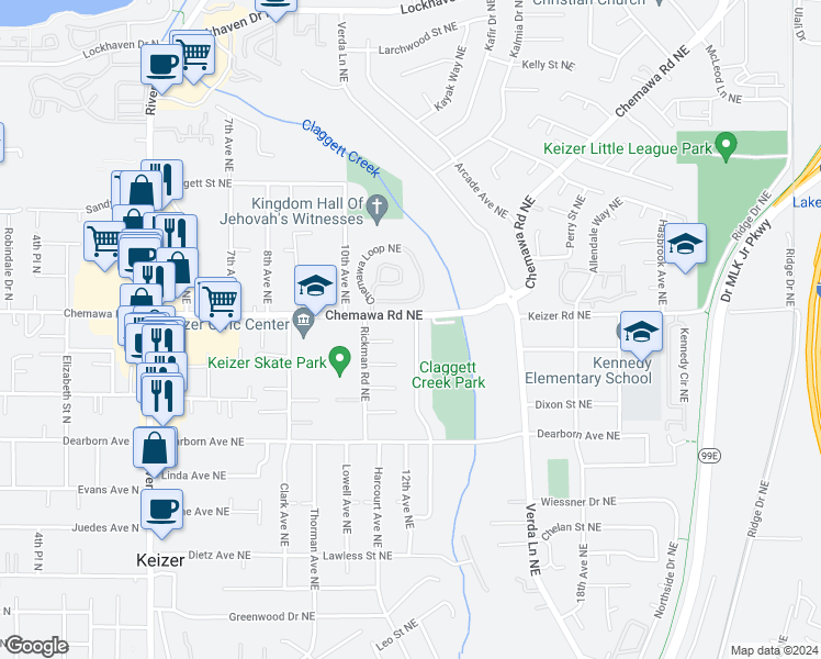 map of restaurants, bars, coffee shops, grocery stores, and more near 4993 13th Avenue Northeast in Keizer