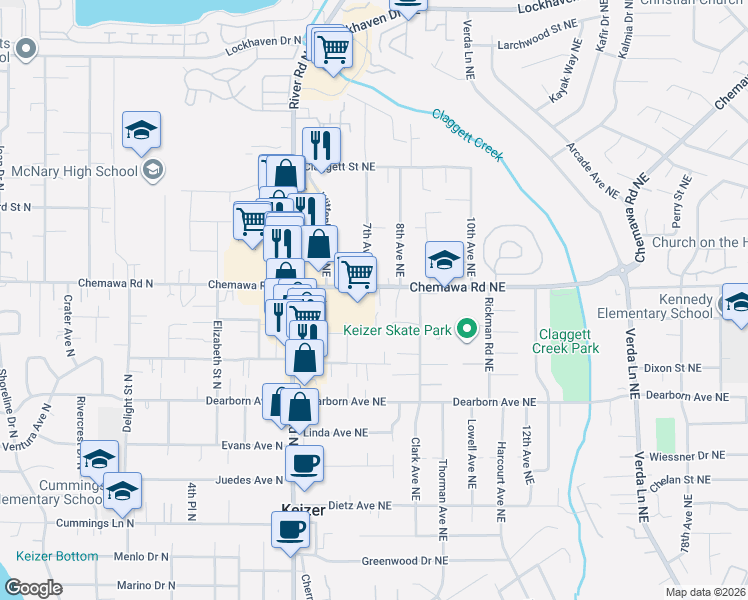 map of restaurants, bars, coffee shops, grocery stores, and more near 769 Chemawa Road North in Keizer