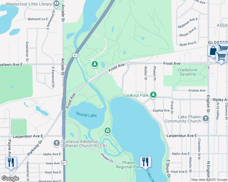 map of restaurants, bars, coffee shops, grocery stores, and more near 1880 East Shore Drive in Saint Paul