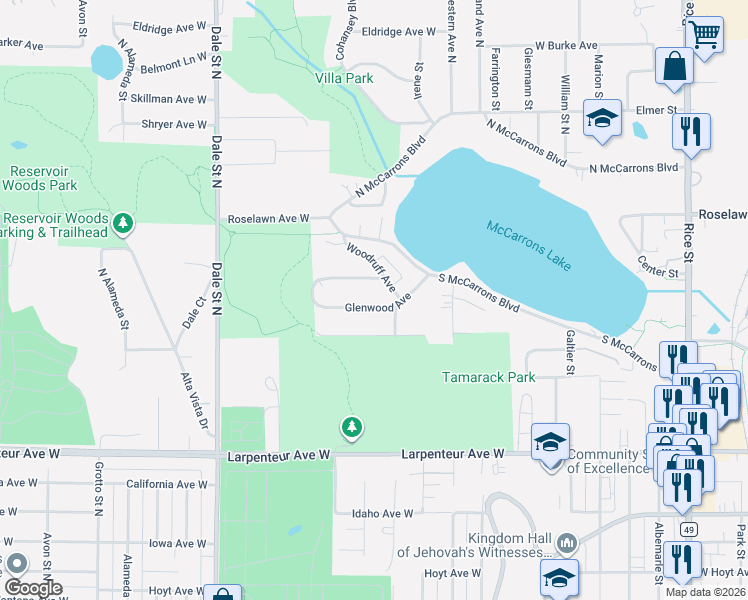 map of restaurants, bars, coffee shops, grocery stores, and more near 468 Hilltop Avenue in Roseville