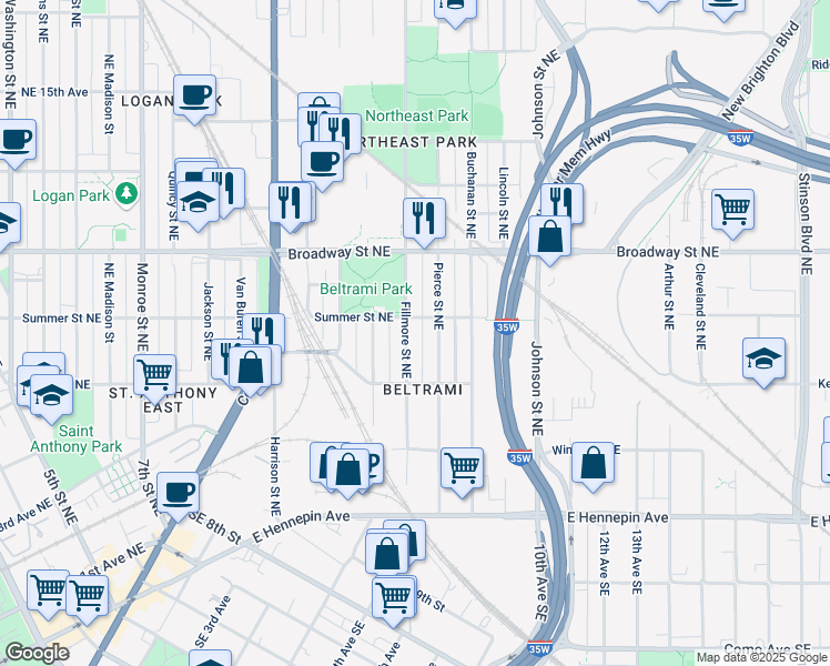 map of restaurants, bars, coffee shops, grocery stores, and more near 702 Pierce Street Northeast in Minneapolis