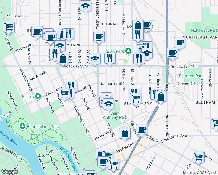 map of restaurants, bars, coffee shops, grocery stores, and more near 637 Summer Street Northeast in Minneapolis