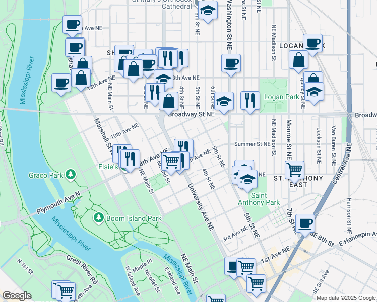 map of restaurants, bars, coffee shops, grocery stores, and more near 330 8th Avenue Northeast in Minneapolis