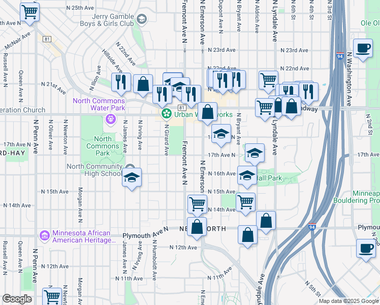 map of restaurants, bars, coffee shops, grocery stores, and more near 1718 North Fremont Avenue in Minneapolis