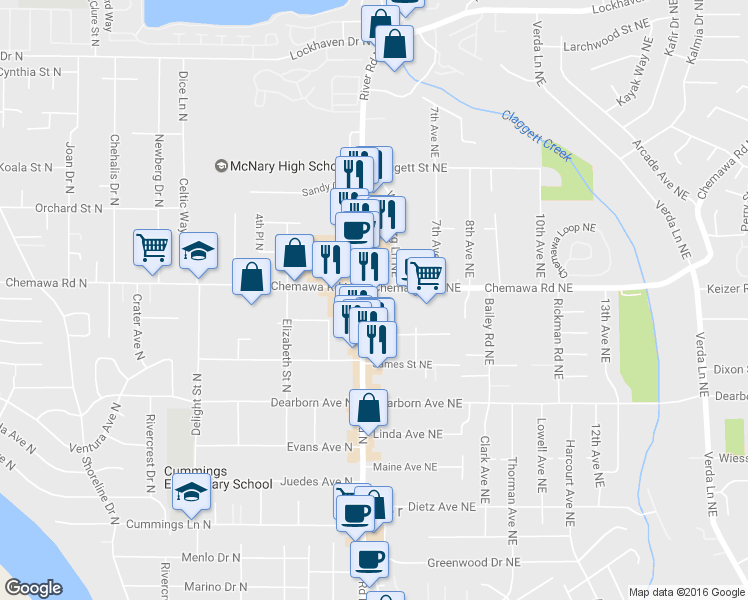 map of restaurants, bars, coffee shops, grocery stores, and more near 4998 River Road North in Keizer