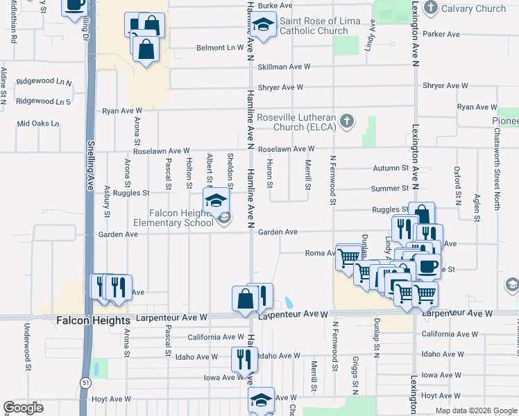 map of restaurants, bars, coffee shops, grocery stores, and more near 1840 Hamline Avenue North in Roseville