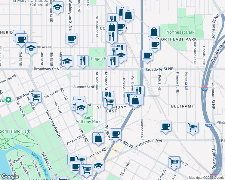 map of restaurants, bars, coffee shops, grocery stores, and more near 701 Summer Street Northeast in Minneapolis