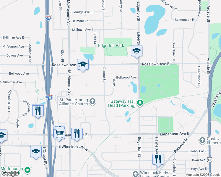 map of restaurants, bars, coffee shops, grocery stores, and more near 1854 Desoto Street in Saint Paul