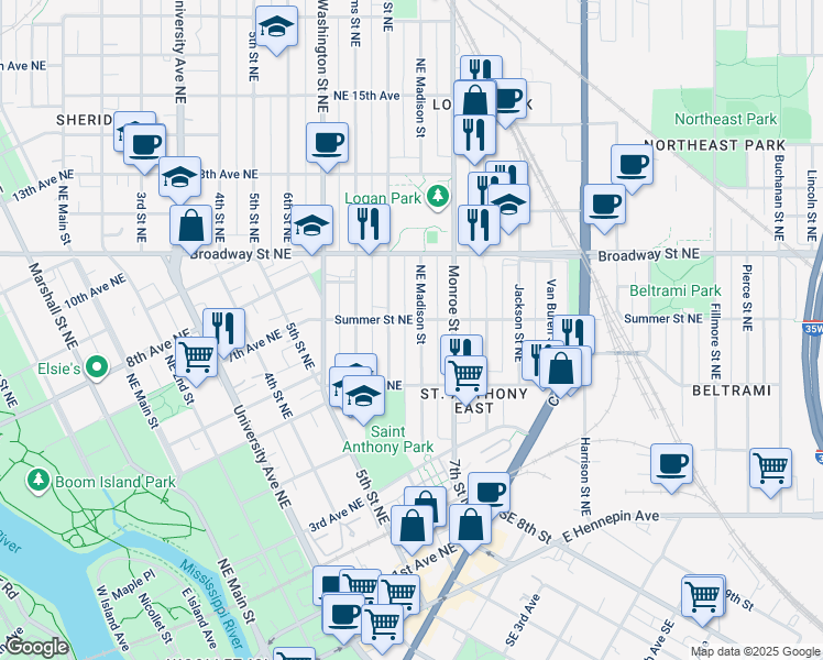 map of restaurants, bars, coffee shops, grocery stores, and more near 681 Northeast Madison Street in Minneapolis