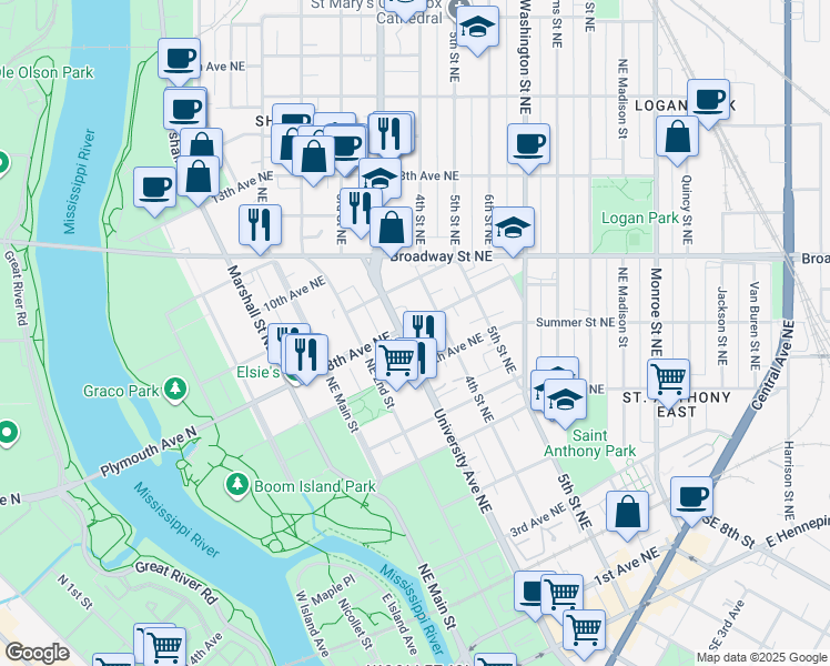map of restaurants, bars, coffee shops, grocery stores, and more near 809 University Avenue Northeast in Minneapolis