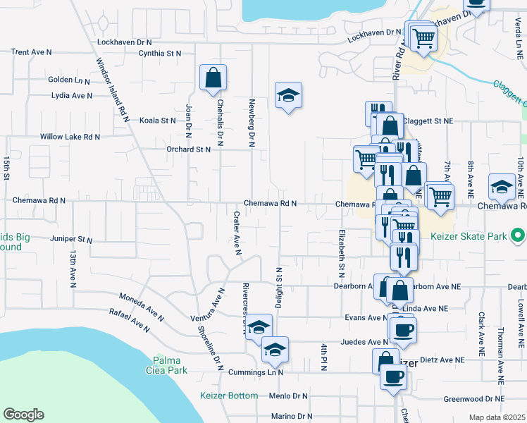map of restaurants, bars, coffee shops, grocery stores, and more near 620 Chemawa Road North in Keizer