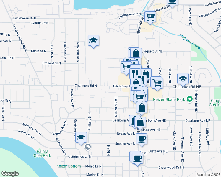 map of restaurants, bars, coffee shops, grocery stores, and more near 5001 Elizabeth Street North in Keizer