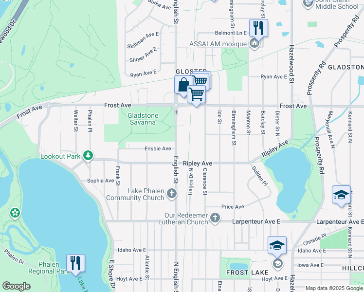 map of restaurants, bars, coffee shops, grocery stores, and more near 1840 English Street in Maplewood