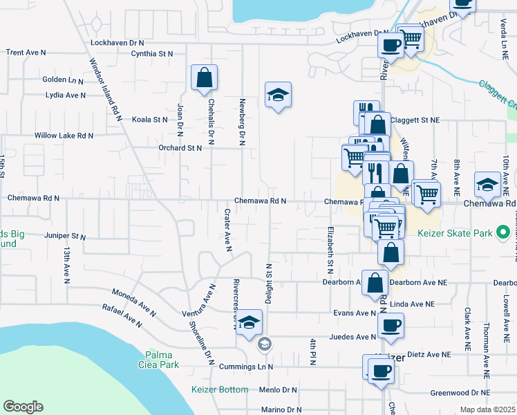 map of restaurants, bars, coffee shops, grocery stores, and more near 670 Chemawa Road North in Keizer