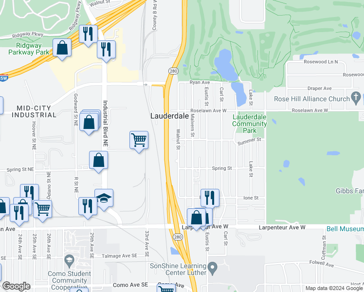 map of restaurants, bars, coffee shops, grocery stores, and more near 1855 Malvern Street in Lauderdale