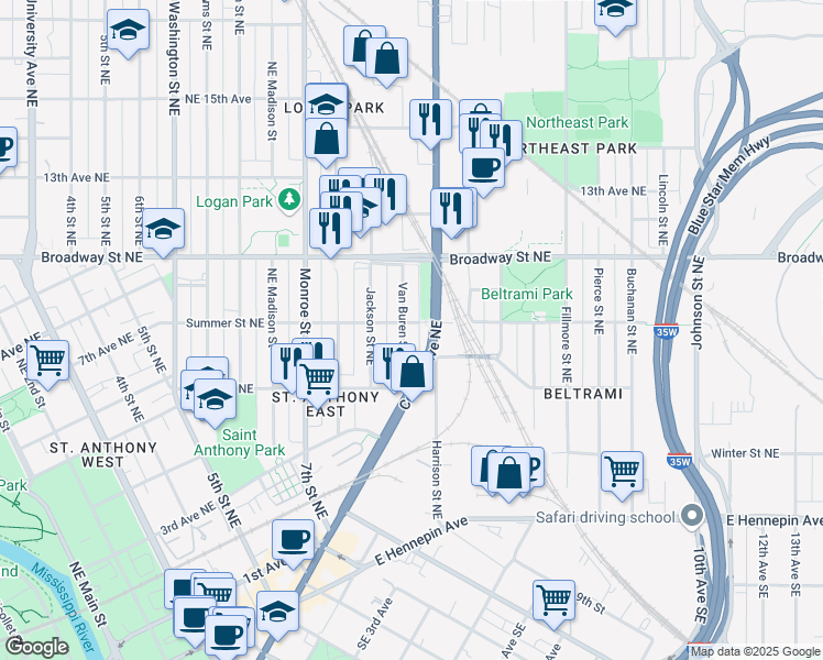 map of restaurants, bars, coffee shops, grocery stores, and more near 843 Summer Street Northeast in Minneapolis