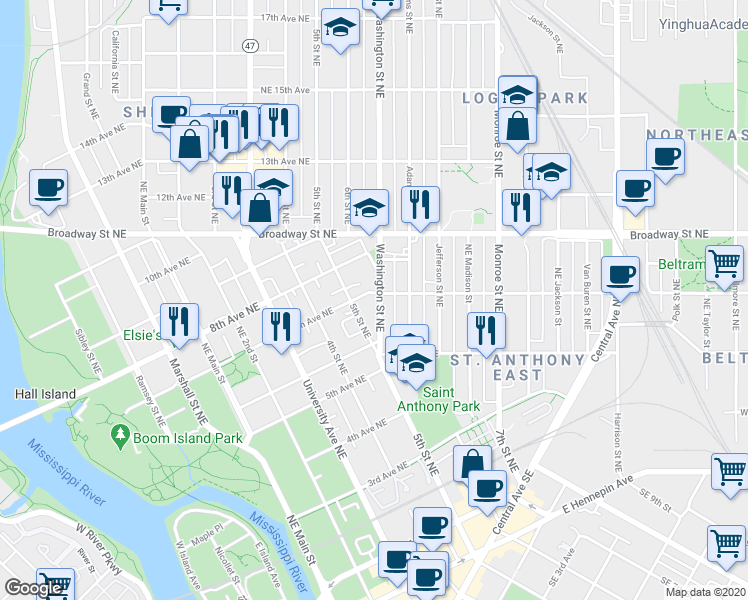map of restaurants, bars, coffee shops, grocery stores, and more near 515 Summer Street Northeast in Minneapolis