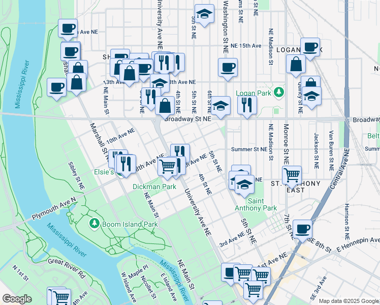 map of restaurants, bars, coffee shops, grocery stores, and more near 330 8th Avenue Northeast in Minneapolis