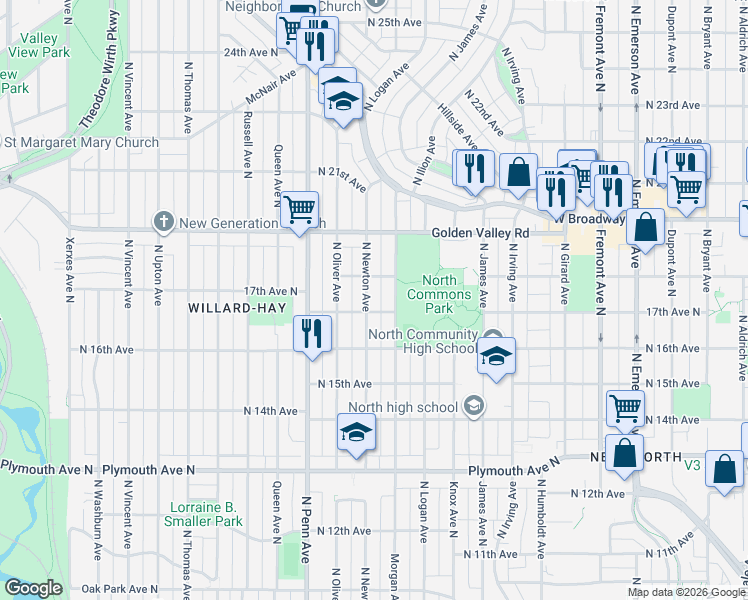 map of restaurants, bars, coffee shops, grocery stores, and more near 1719 North Newton Avenue in Minneapolis