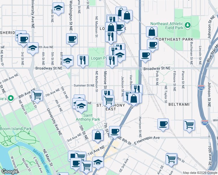 map of restaurants, bars, coffee shops, grocery stores, and more near 701 Summer Street Northeast in Minneapolis
