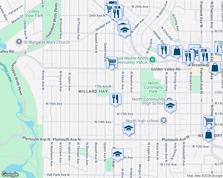 map of restaurants, bars, coffee shops, grocery stores, and more near 1700 Queen Avenue North in Minneapolis