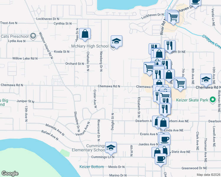 map of restaurants, bars, coffee shops, grocery stores, and more near 4997 Delight Street North in Keizer