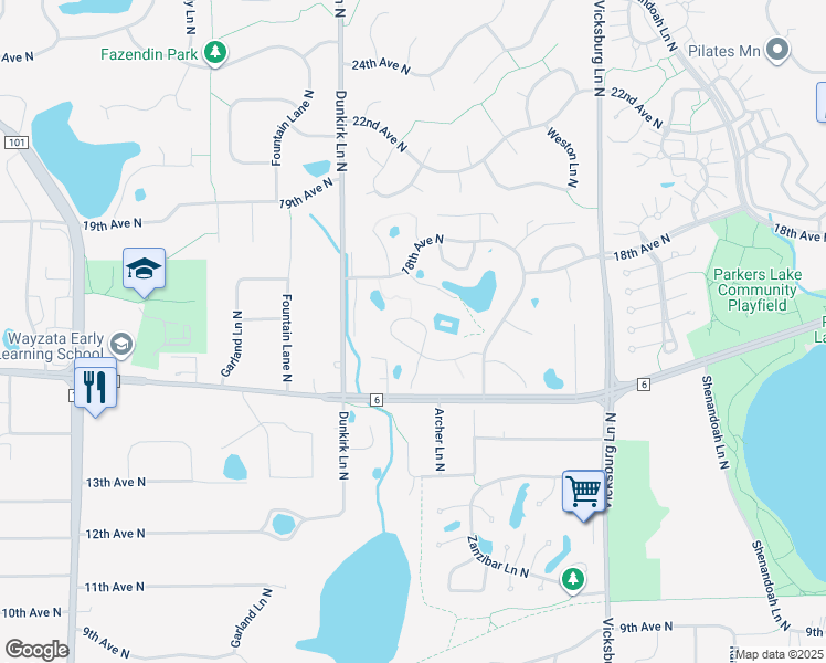 map of restaurants, bars, coffee shops, grocery stores, and more near 1502 Black Oaks Place North in Minneapolis