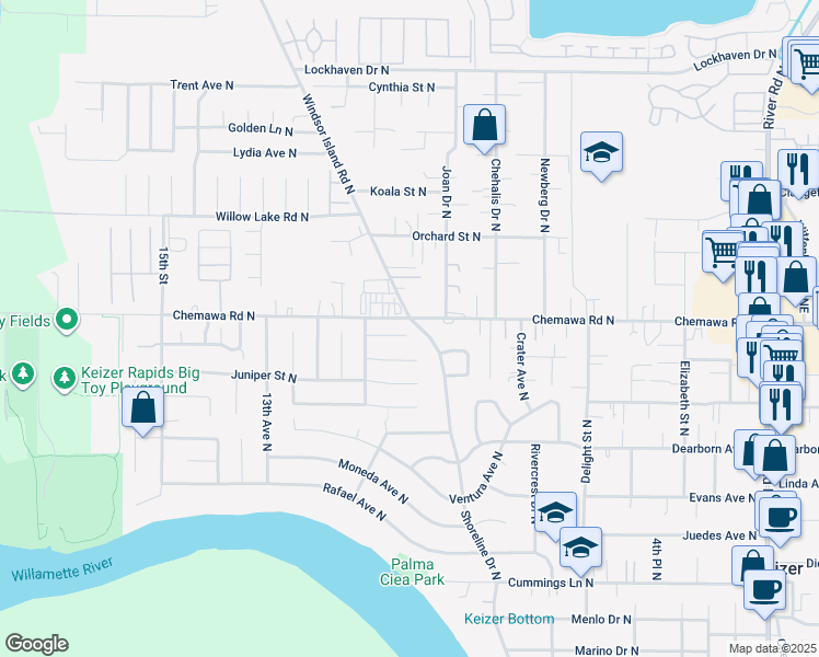 map of restaurants, bars, coffee shops, grocery stores, and more near 989 Leeward Court North in Keizer