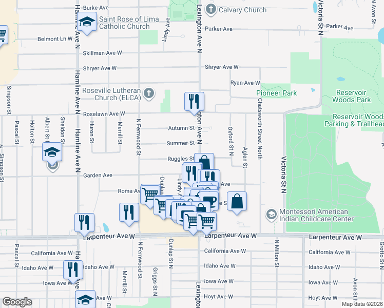 map of restaurants, bars, coffee shops, grocery stores, and more near 1847 Lexington Avenue North in Roseville
