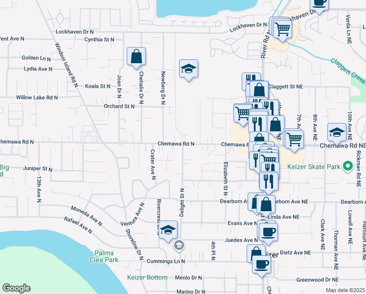 map of restaurants, bars, coffee shops, grocery stores, and more near 4997 Delight Street North in Salem