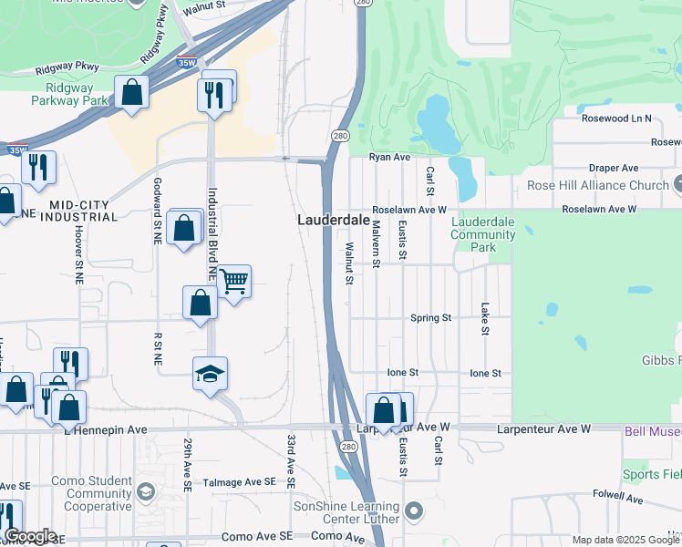 map of restaurants, bars, coffee shops, grocery stores, and more near 1861 Walnut Street in Lauderdale