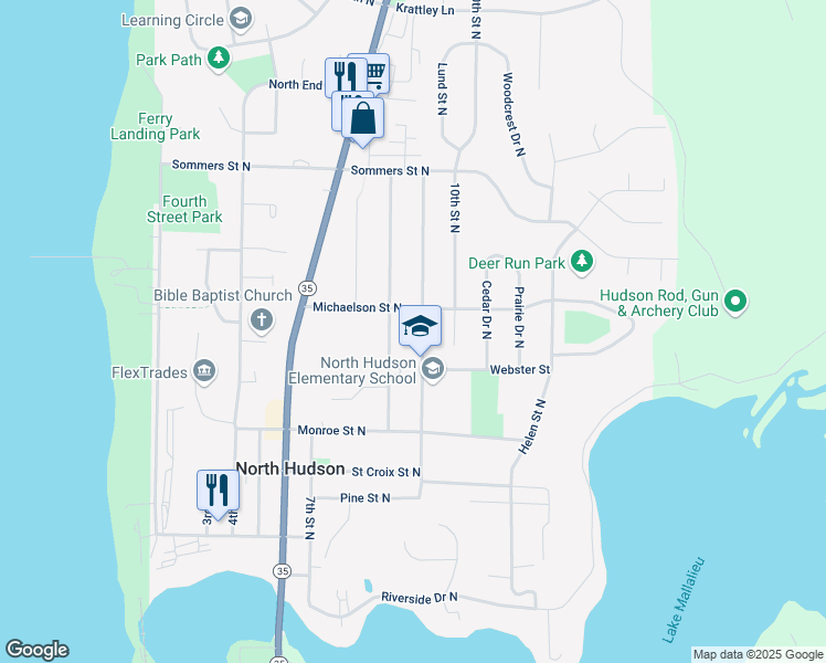 map of restaurants, bars, coffee shops, grocery stores, and more near 550 8th Street North in Hudson