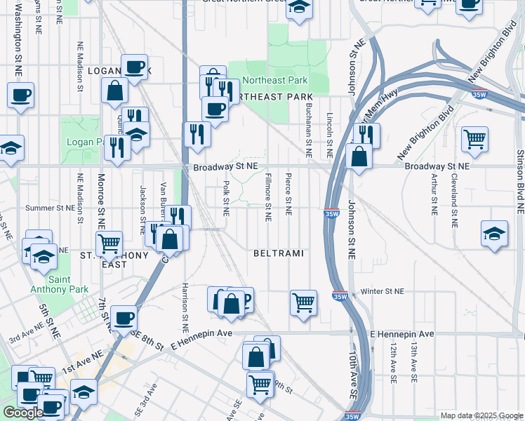 map of restaurants, bars, coffee shops, grocery stores, and more near 1111 Summer Street Northeast in Minneapolis