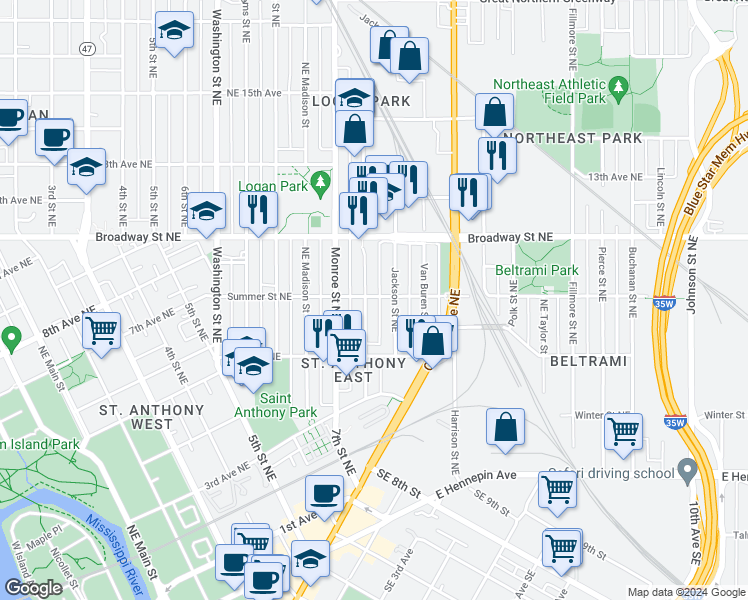 map of restaurants, bars, coffee shops, grocery stores, and more near 809 Summer Street Northeast in Minneapolis