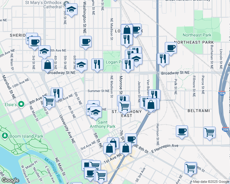 map of restaurants, bars, coffee shops, grocery stores, and more near 681 Northeast Madison Street in Minneapolis