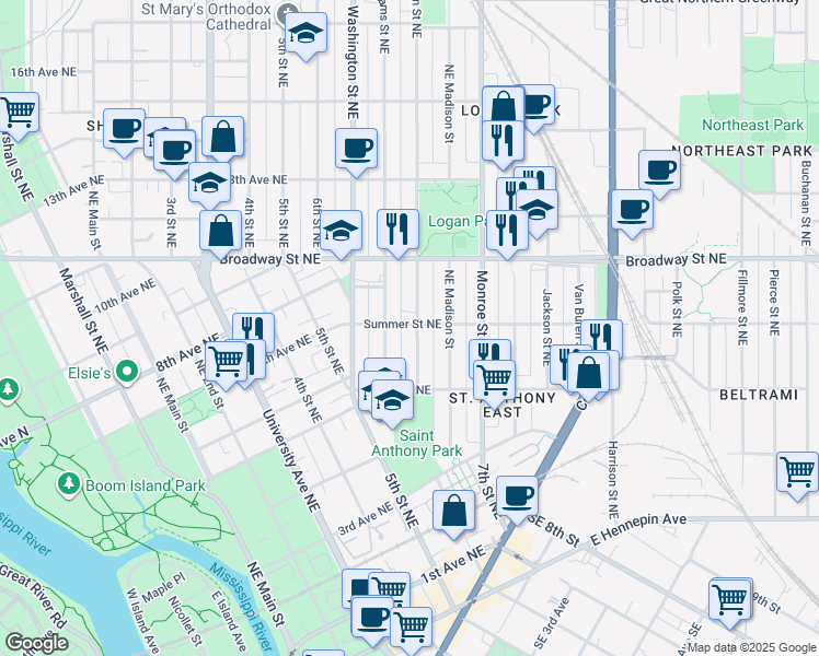 map of restaurants, bars, coffee shops, grocery stores, and more near 703 Jefferson Street Northeast in Minneapolis